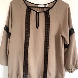Tan Blouse with Black Lace Accents